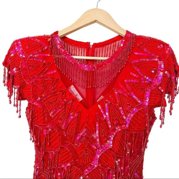 VTG 100% Silk 80s Fringed Beadwork Flapper Dress S - Picture 5 of 15